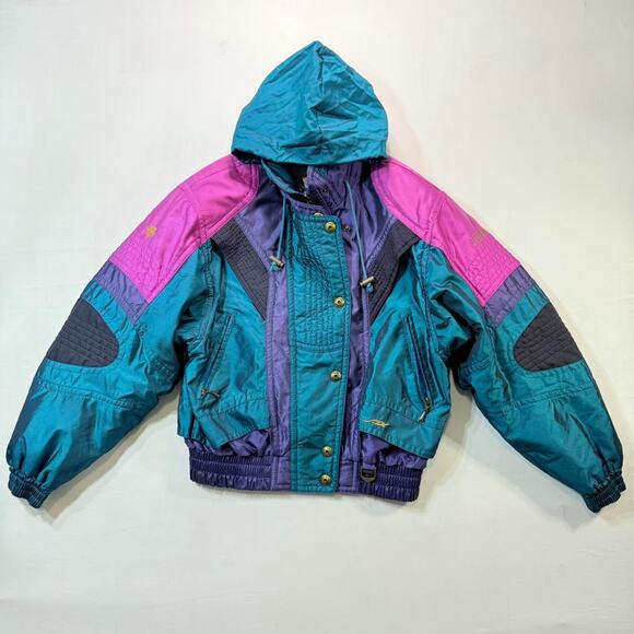 80s Descente ski jacket - blue and purple colour block design ski Sz 6 - Picture 1 of 8